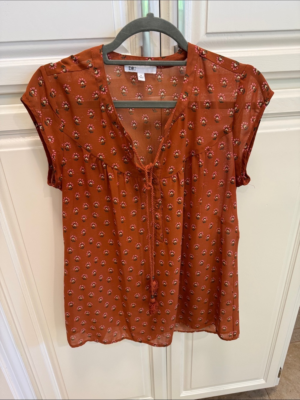 DR2 Rust Floral Tie-Front Blouse with Pink Accents